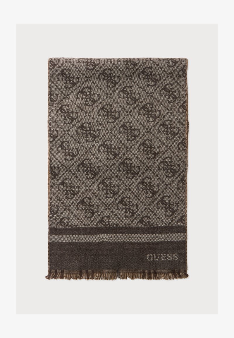 Écharpe marron à motif avec un logo répété et une bordure rayée affichant le nom de la marque Guess dans le coin.