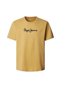 Camiseta de algodón amarilla con mangas cortas y escote redondo. En la parte frontal se muestra el logotipo "Pepe Jeans" en negro, con "LONDON" debajo.