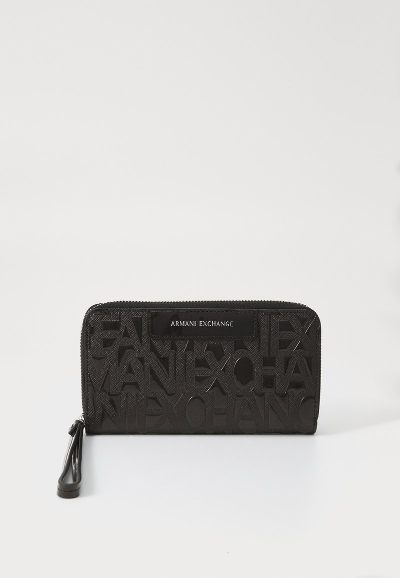 Black synthetic wallet featuring embossed text design, zip closure, and a leather-like finish. Logo displayed on the front panel.