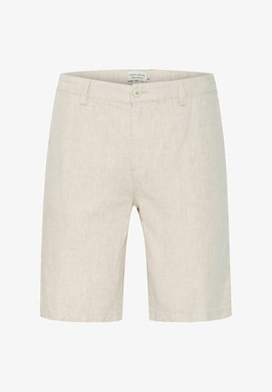 Beez värvi linane lühike püks, millel on sile esiosa, vöökoha nupp ja küljetaskud. Kanga tekstuur on kerge ja pikkus ulatub põlve.