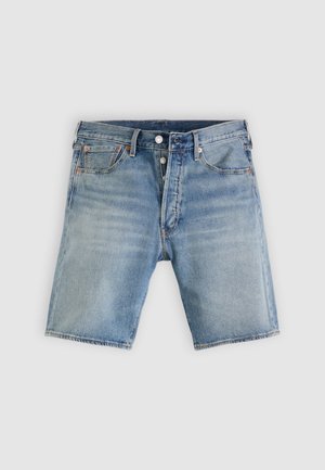 Light blue denim shorts with a classic five-pocket design, button fly, and subtle fading. Features stitching accents and frayed hems.