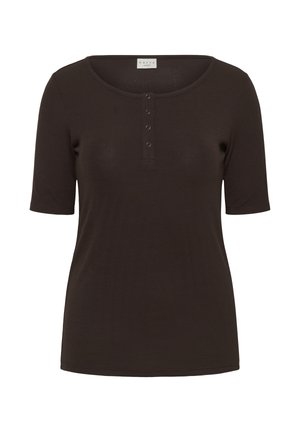 Tamno smeđa rebrasta majica kratkih rukava s okruglim izrezom i četiri mala dugmeta na prednjoj ploči.