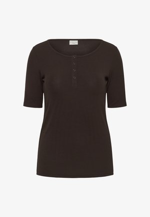 Dunkelbraunes, kurzärmeliges Rippstrickshirt mit rundem Ausschnitt und vier kleinen Knöpfen auf der vorderen Knopfleiste.