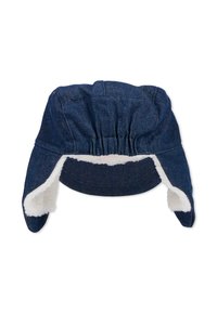 Cappello in denim con fodera in pelliccia sintetica bianca, dotato di orecchie e dettagli cuciti. Tessuto blu scuro, coroncina arrotondata e vestibilità regolabile.