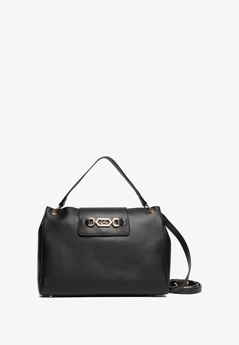 Borsa a mano in pelle nera dal design strutturato, con accessori dorati, manico superiore e tracolla removibile. Dettaglio della superficie texturizzata.