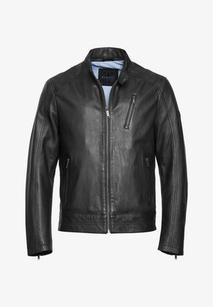 Chaqueta de cuero negra con cremallera frontal, bolsillo en el pecho con cremallera y dos bolsillos laterales con cremallera, con cuello alto y forro azul claro.