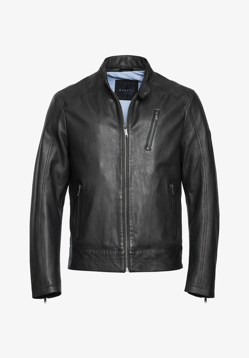Veste en cuir noire avec fermeture éclair devant, poche poitrine zippée et deux poches latérales zippées, dotée d'un col montant et d'une doublure bleu clair.