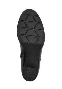 Suola di scarpa nera con una superficie di gomma testurizzata caratterizzata da un motivo di battistrada esagonale e bordi lisci, contrassegnata da un'indicazione di misura.