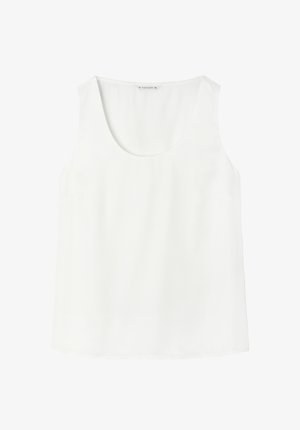 Hvid ærmeløs top lavet af glat stof, der har en bred rund halsudskæring og en afslappet pasform, med minimal syning og ingen synlige mønstre.