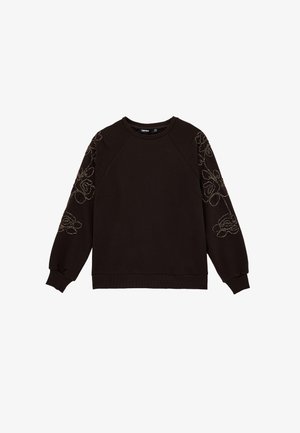 Czarna bluza z długim rękawem, z ściągaczami przy mankietach i kwiatowym haftem na obu rękawach, z okrągłym dekoltem i prostym dołem.
