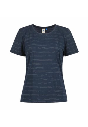 Ciemnoniebieska koszulka z krótkim rękawem z subtelnym białym liniowym wzorem, okrągłym dekoltem i miękką fakturą tkaniny. Etykieta widoczna przy szyi.