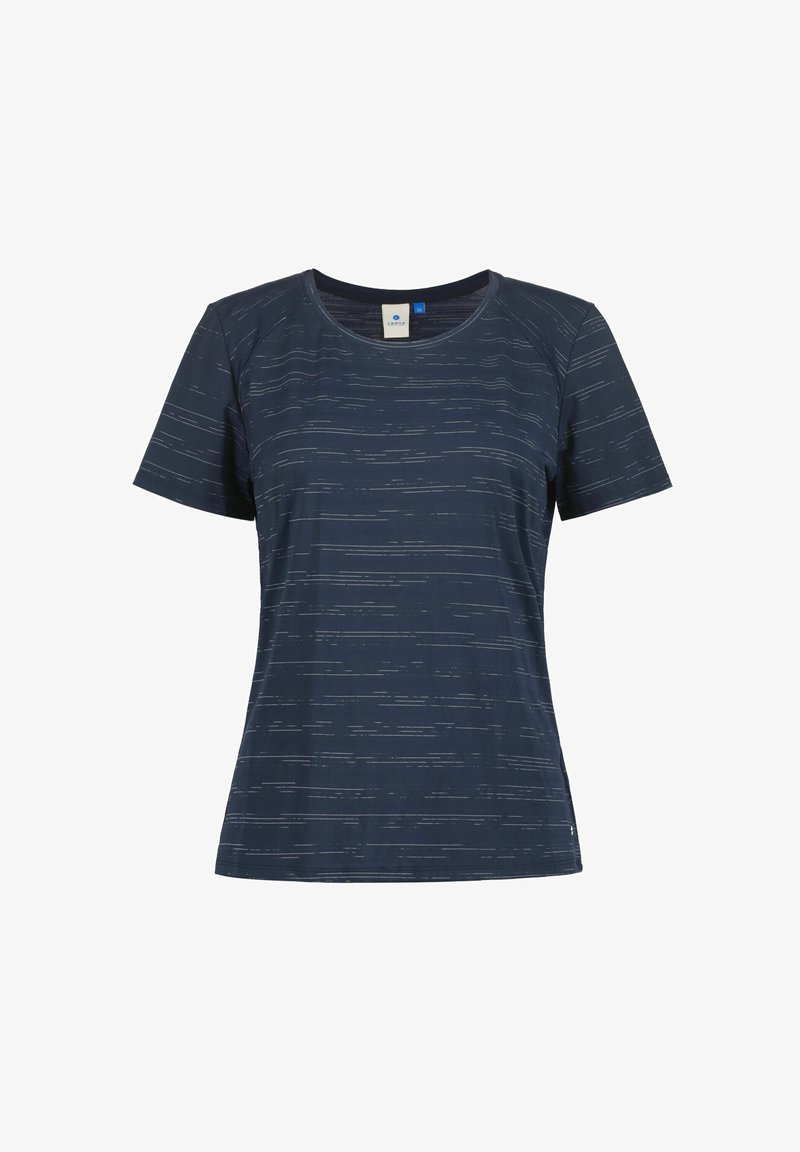 Ciemnoniebieska koszulka z krótkim rękawem z subtelnym białym liniowym wzorem, okrągłym dekoltem i miękką fakturą tkaniny. Etykieta widoczna przy szyi.