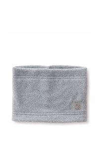 Sciarpa collo in pile grigio dalla texture morbida, con una cucitura cucita sulla parte superiore e una patch logo sul lato per un dettaglio aggiuntivo.