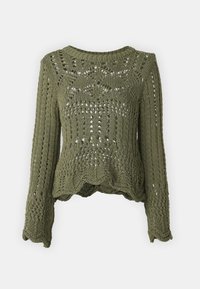 Pull en tricot vert olive à manches longues, avec un motif ajouré, un ourlet festonné et un motif texturé sur toute la surface.