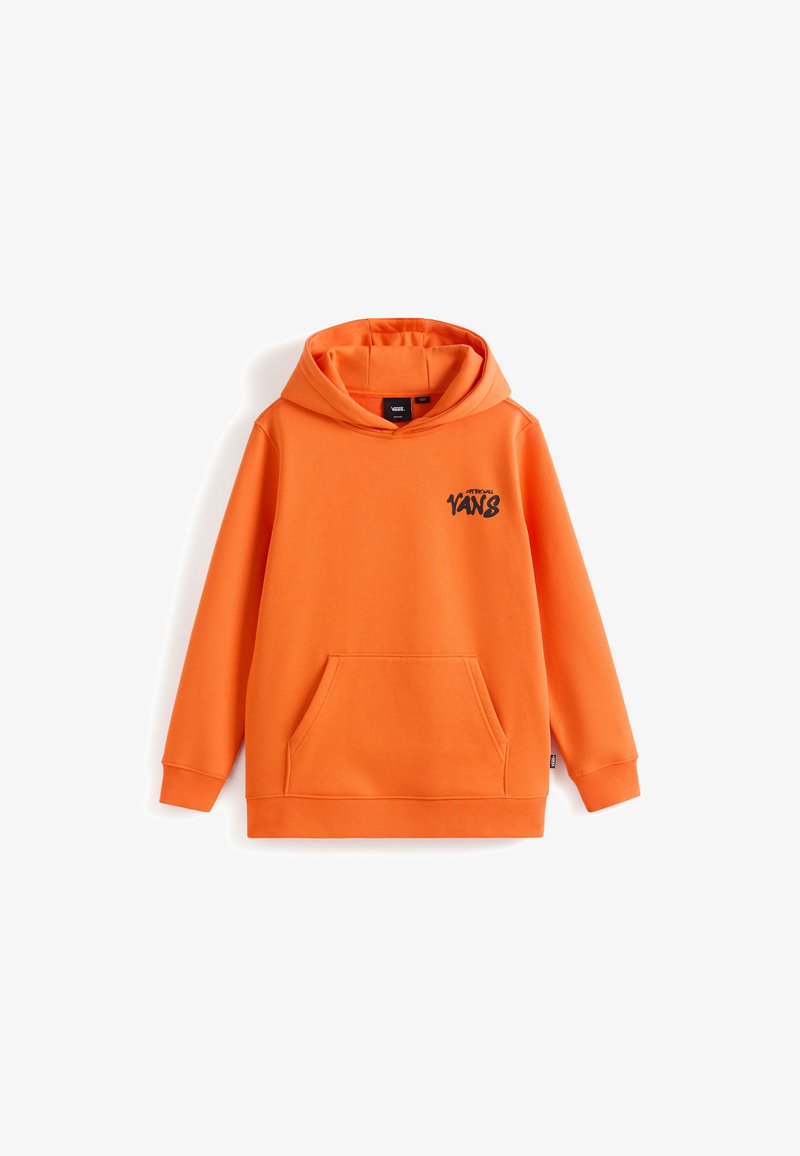 Felpa arancione con cappuccio, realizzata in tessuto morbido, con una tasca a marsupio e il logo nero "VANS" sul petto. Taglio moderno e comodo.