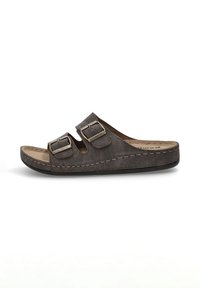 Sandalia deslizante de cuero marrón con dos correas ajustables de hebilla, parte superior texturizada y plantilla acolchada. Suela plana con ligero soporte para el arco.