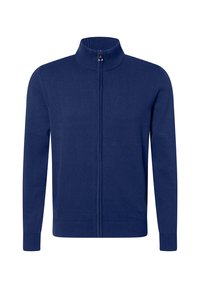Pull à fermeture éclair bleu marine avec col montant, poignets et ourlet côtelés. Fabriqué en matériau tricot doux, présentant des lignes épurées sans motifs visibles.