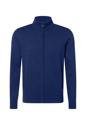 Pull à fermeture éclair bleu marine avec col montant, poignets et ourlet côtelés. Fabriqué en matériau tricot doux, présentant des lignes épurées sans motifs visibles.