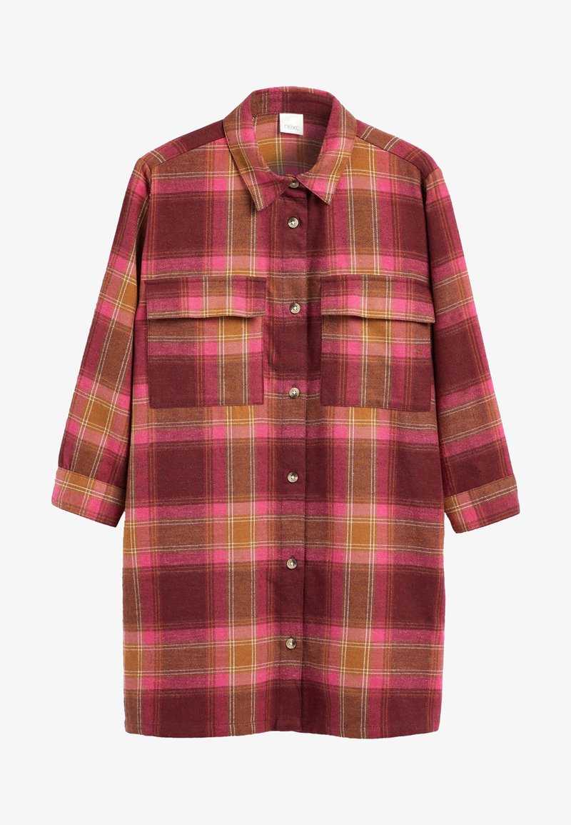 Veste-chemise à manches longues avec un motif à carreaux rouge, rose et orange, dotée de deux poches à rabat sur la poitrine.