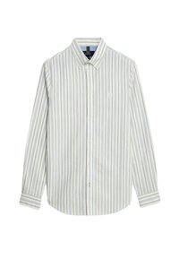 Camisa de botones a rayas en colores claros, con líneas verticales en azul, verde y beige. Confeccionada en algodón y con un diseño de cuello casual.