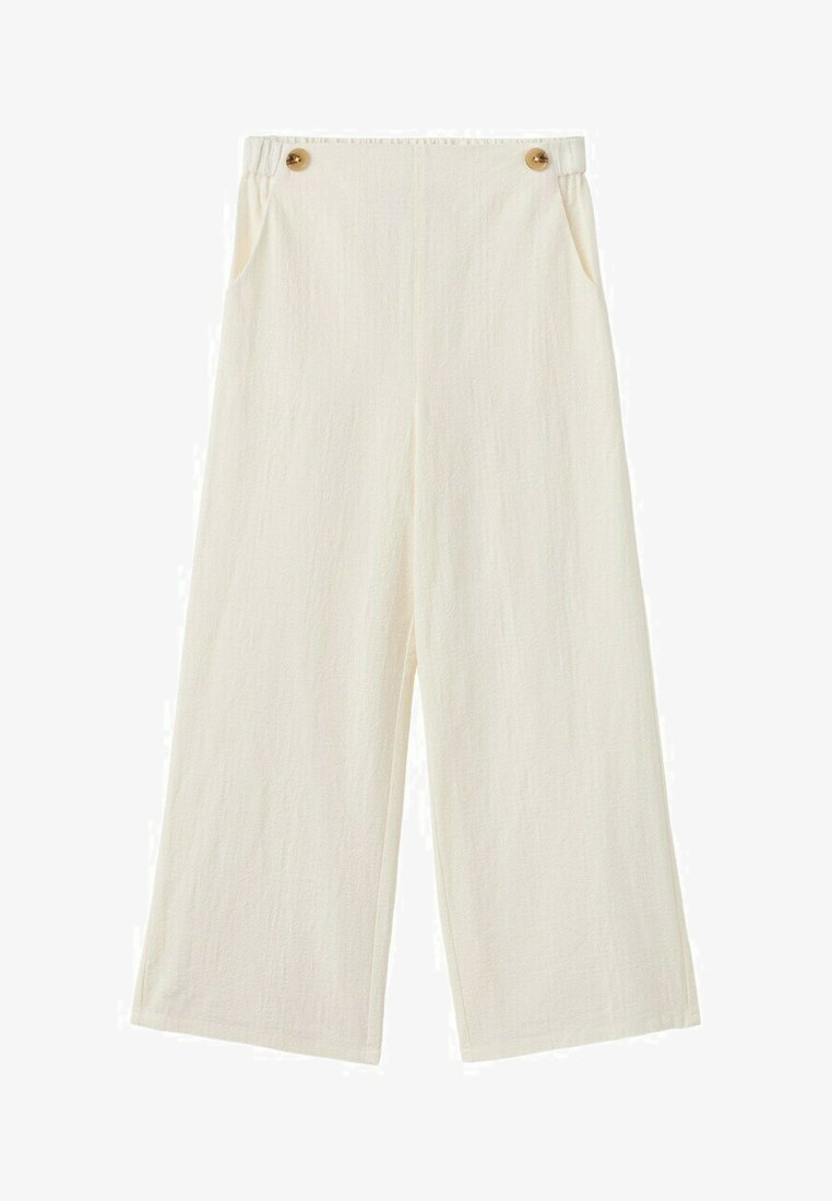 Pantalon ample taille haute couleur crème, en tissu texturé, avec poches avant et deux boutons marron à la taille.