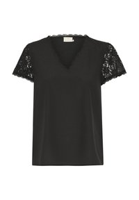Schwarze Bluse mit V-Ausschnitt und kurzen Ärmeln. Besitzt Spitze an den Ärmeln mit gewellten Kanten und ist aus leichtem Stoff gefertigt.