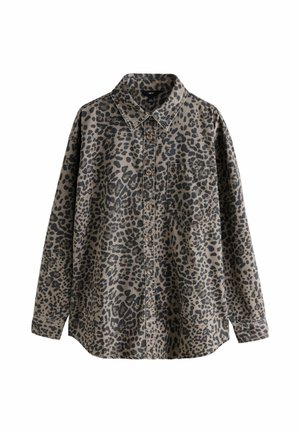 Long-sleeve button-up shirt with a brown and black leopard print pattern and a single chest pocket.