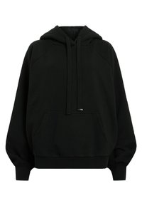 Black hoodie made of cotton blend, featuring a drawstring hood, kangaroo pocket, and ribbed cuffs. Smooth texture with a relaxed fit.