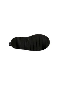 Sole in gomma nera con superficie testurizzata, scanalature orizzontali e un tacco arrotondato. Include un piccolo logo e una leggera svasatura laterale.