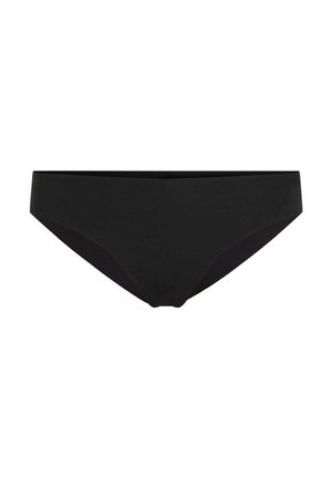 Black bikini-style underwear made from smooth fabric. Features a low-rise cut with minimal seams and soft edges for comfort.