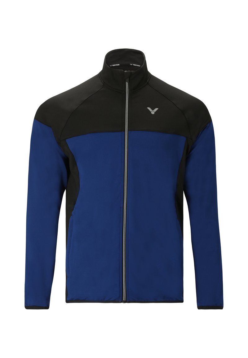 Blå og sort hættejakke med lynlås, der har høj krave, lange ærmer og logo detaljer på brystet. Fremstillet af blødt og glat stof.