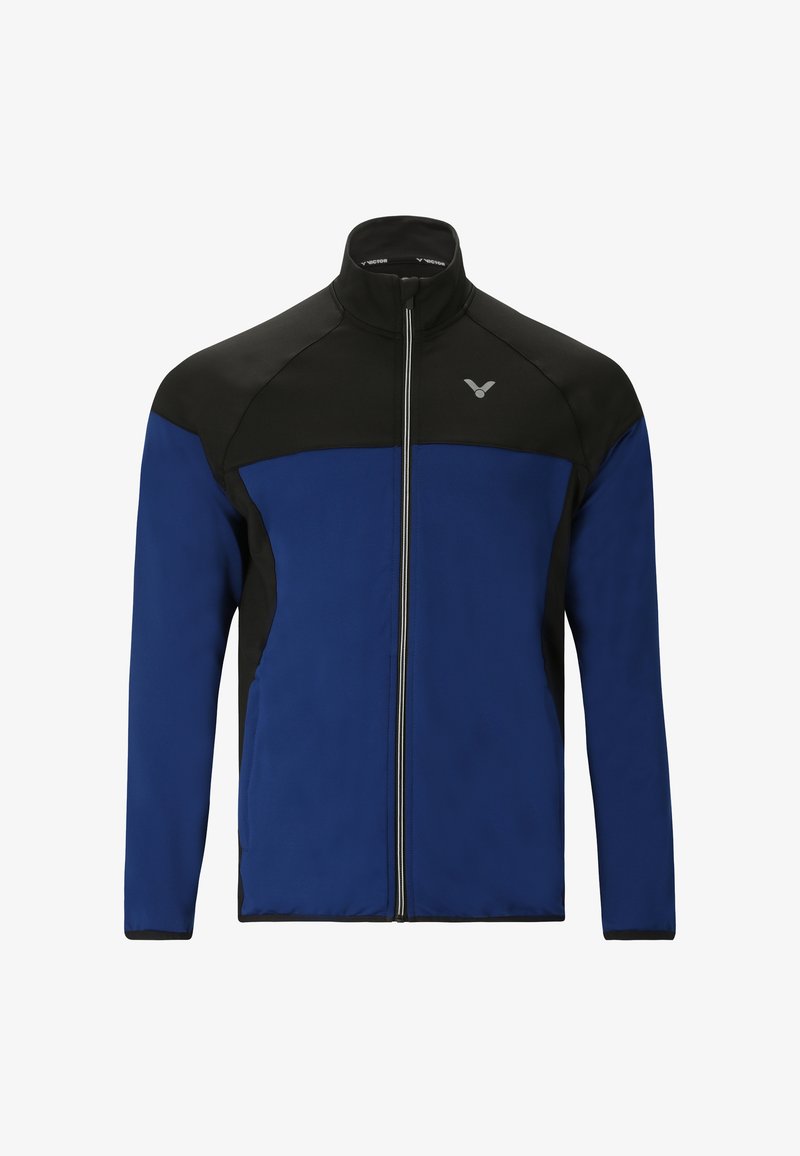 Blå og sort hættejakke med lynlås, der har høj krave, lange ærmer og logo detaljer på brystet. Fremstillet af blødt og glat stof.