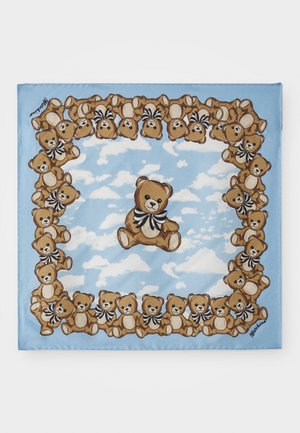 Square silk scarf featuring brown teddy bears with black and white bows against a sky blue background with fluffy white clouds.