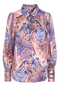 Kleurrijke bloemenblouse van lichte stof, met een knoopsluiting aan de voorkant, een klassieke kraag en gepofte lange mouwen met gathered manchetten.