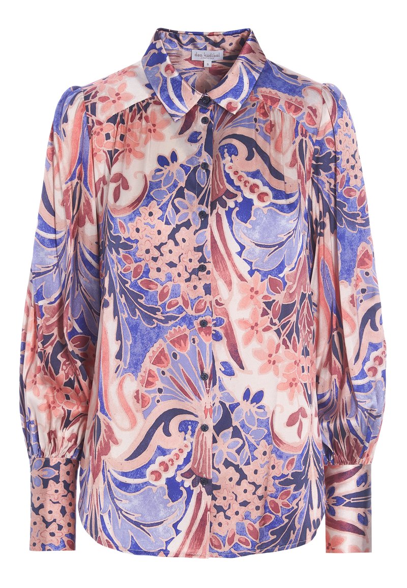 Kleurrijke bloemenblouse van lichte stof, met een knoopsluiting aan de voorkant, een klassieke kraag en gepofte lange mouwen met gathered manchetten.