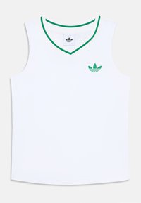 Weißes ärmelloses Tanktop mit grünem V-Ausschnitt und kleinem gesticktem Markenlogo auf der Brust. Glatte Textur, unbedrucktes Design.
