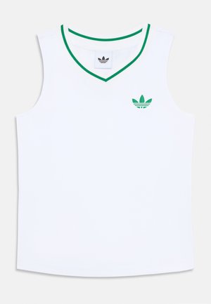 White sleeveless tank top with green v-neck trim and small embroidered brand logo on the chest. Smooth texture, unpatterned design.