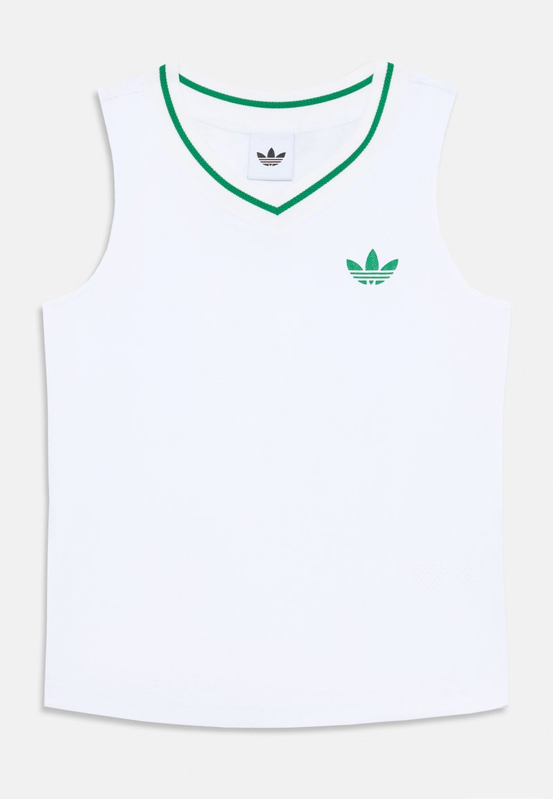 Weißes ärmelloses Tanktop mit grünem V-Ausschnitt und kleinem gesticktem Markenlogo auf der Brust. Glatte Textur, unbedrucktes Design.