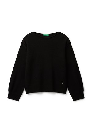 Maglione nero a maniche lunghe in maglia con polsini e orlo a coste, scollatura rotonda e piccolo logo argentato vicino all'orlo inferiore su sfondo bianco.