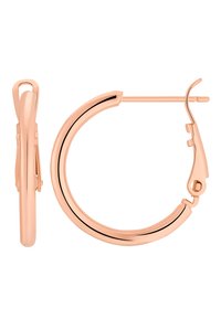 Orecchini a cerchio in oro rosa con una finitura liscia e lucida, dotati di una chiusura sicura e un design arrotondato, che mettono in mostra un'eleganza minimalista.