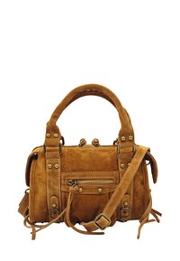 Sac à main en daim marron de forme structurée, avec deux poignées supérieures, une bandoulière amovible et une poche zippée à l'avant, agrémenté de ferrures en laiton.