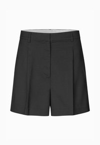 Černé dobře padnoucí šortky, skládací přední část, hladká tkanina, standardní pas, boční kapsy a čistý design s rovnými nohavicemi.