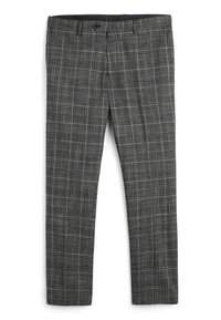 Pantalones de cuadros grises con una mezcla de líneas claras y oscuras. Incluyen un cierre de botón y dos bolsillos frontales. Corte ajustado, textura suave.