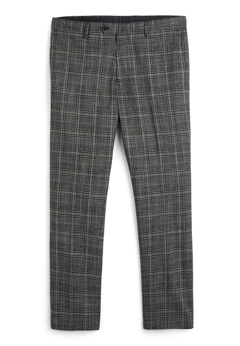 Pantalones de cuadros grises con una mezcla de líneas claras y oscuras. Incluyen un cierre de botón y dos bolsillos frontales. Corte ajustado, textura suave.
