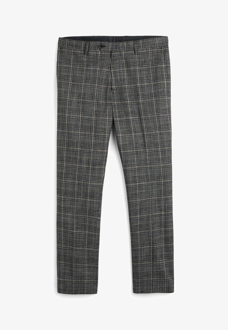 Grau karierte Hose mit einer Mischung aus hellen und dunklen Linien. Mit Knopfverschluss und zwei frontalen Taschen. Schmal geschnitten, glatte Textur.