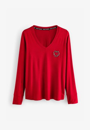 Rotes langärmeliges V-Ausschnitt-Shirt aus weichem Stoff, mit einem gestickten Herzdesign mit Stacheln auf der Brust und seitlichem Logo-Text.