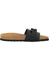 Sandal nera slip-on con una suola in sughero, dotata di una morbida cinghia superiore e un'accents decorativa a catena. Suola in gomma testurizzata per una buona aderenza.