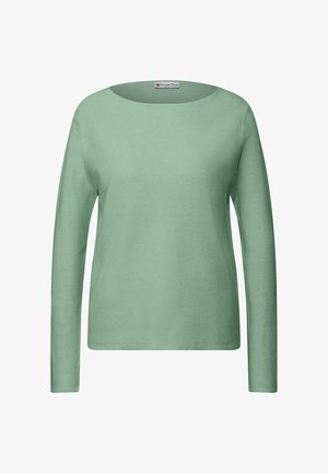 Groene lange mouwen trui met een geribbelde textuur en een brede ronde halslijn. Bevat een label aan de nek met het merk "Street One."