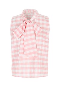 Rozā un baltā šaha raksta bezpiešanu blūze ar loku kakla apdari. Viegls audums ar rūtiņu rakstu un brīvu piegriezumu.