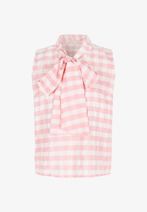 Rozā un baltā šaha raksta bezpiešanu blūze ar loku kakla apdari. Viegls audums ar rūtiņu rakstu un brīvu piegriezumu.